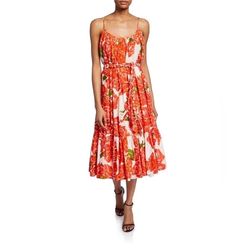 RHODE Resort White Red Floral Poplin tiered Cotton Belted Lea Midi dress S